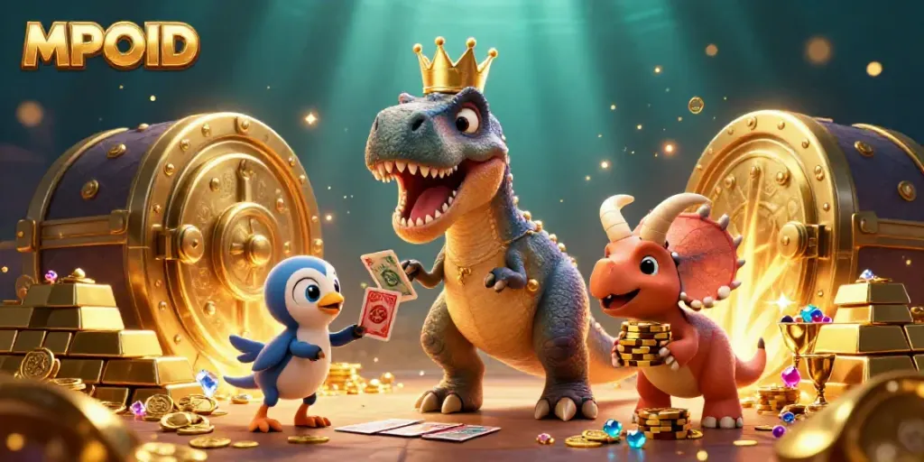 MPOID showcases a vibrant 3D scene of a T-Rex shuffling cards while a pterodactyl assists, embodying online casino excitement.