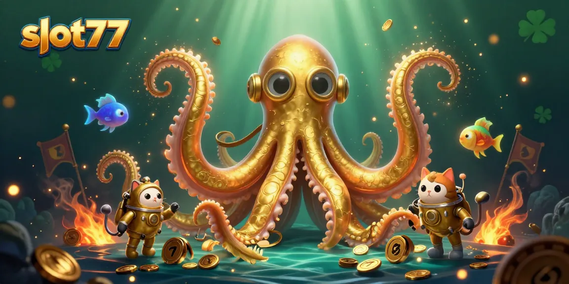 Engage with slot777 winning potential in this vibrant illustration of a kraken and diving cat.