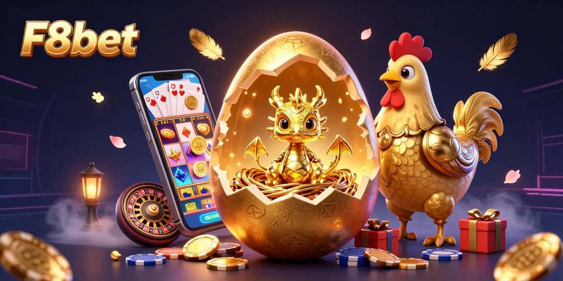 Experience immersive gaming at F8bet with a vibrant illustration featuring a golden dragon and gaming elements.