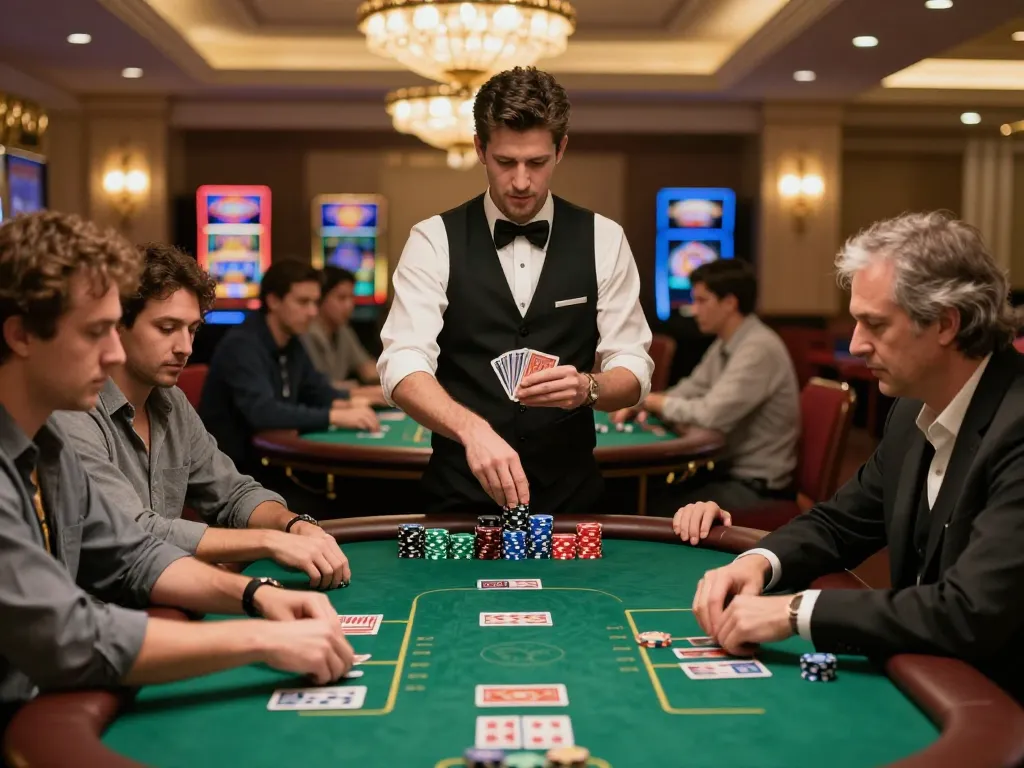 Players strategizing over a poker game at a casino table showcasing viral4d gameplay excitement