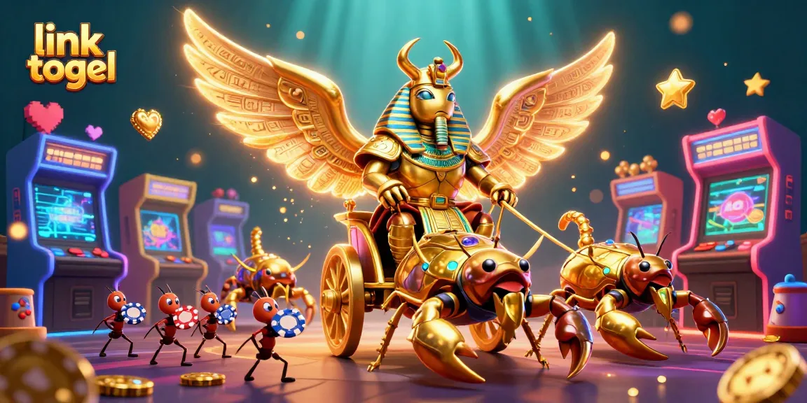 Menggunakan link togel untuk memenangkan jackpot dengan ilustrasi kolosal berwarna emas dan perangkat game kasino yang berwarna-warni.