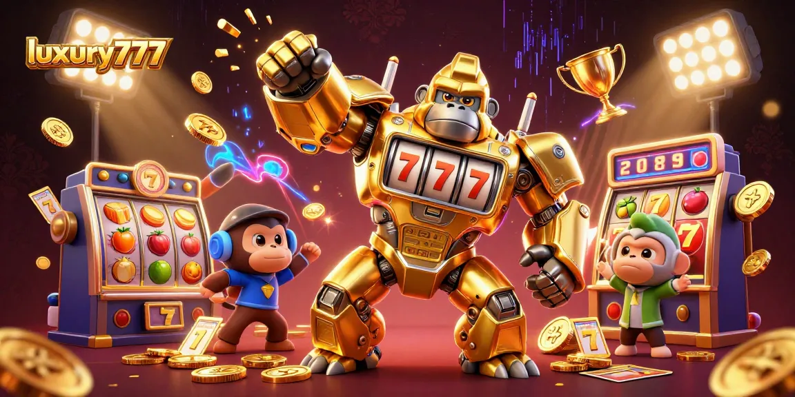 Win big with luxury777 in this dynamic illustration of a golden gorilla mech showcasing thrilling slot elements.