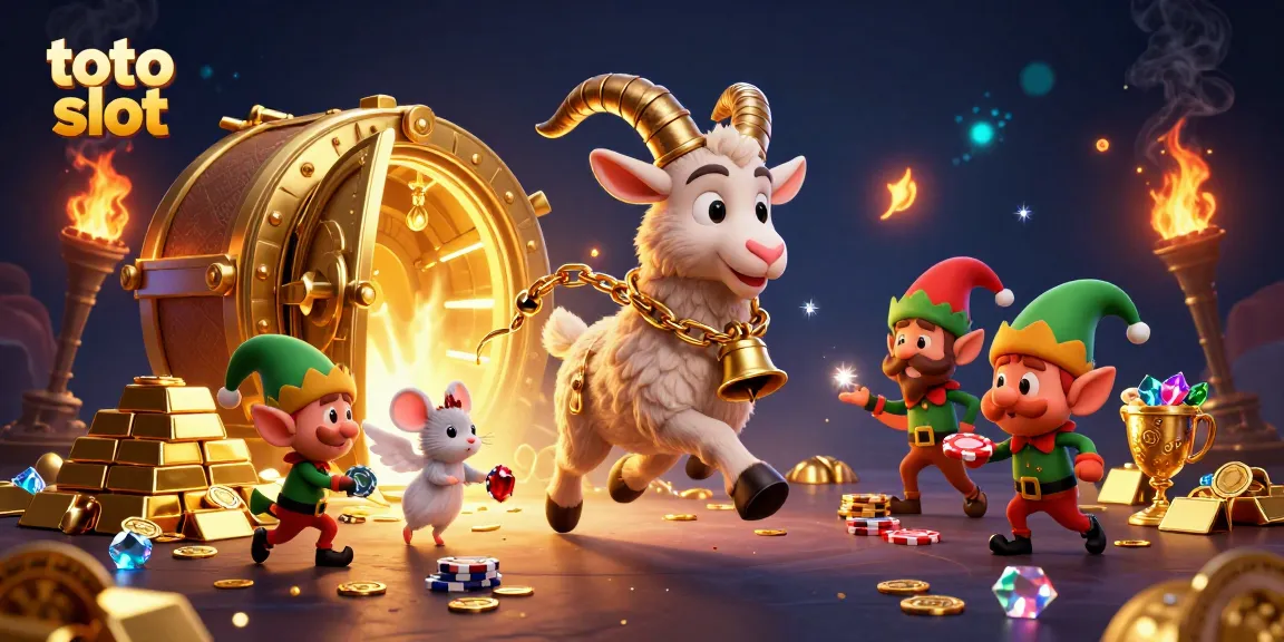 Mainkan toto slot dengan keseruan kasino yang dikelilingi harta yang bersinar dan karakter unik.