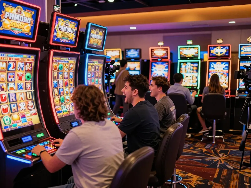 SIS4D players enjoying dynamic slot gameplay under colorful lights in an exciting casino atmosphere