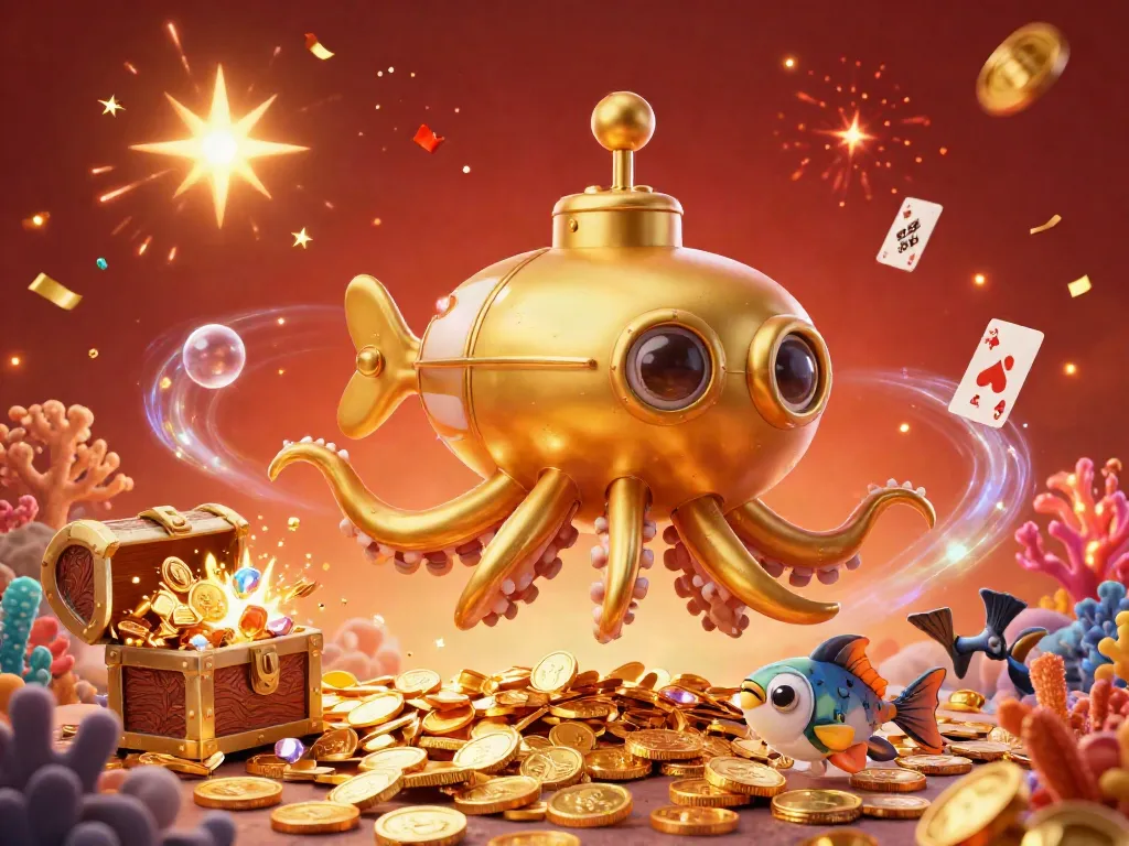 Play exciting casino games featuring the sun kraken submarine prize in a vibrant 3D underwater scene.