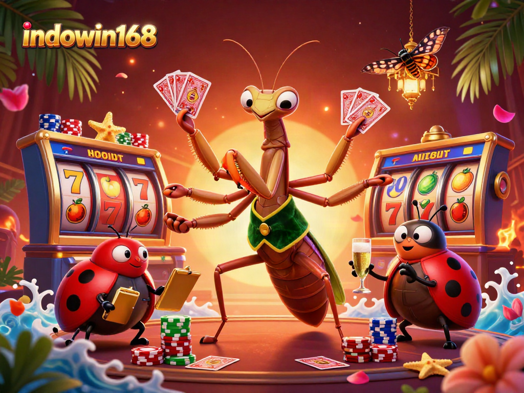 Engage with indowin168's thrilling casino world through vibrant 3D illustration featuring a mantis dealer and a ladybug pit boss.