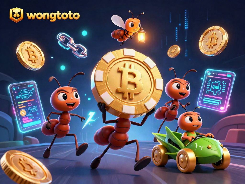 Engage in the gaming adventure of wongtoto with cartoon ants heisting a massive poker chip among crypto elements.