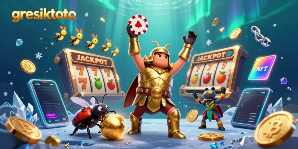 Gresiktoto menghadirkan ilustrasi kasino berwarna menarik dengan kombatan superhero dan simbol jackpot.