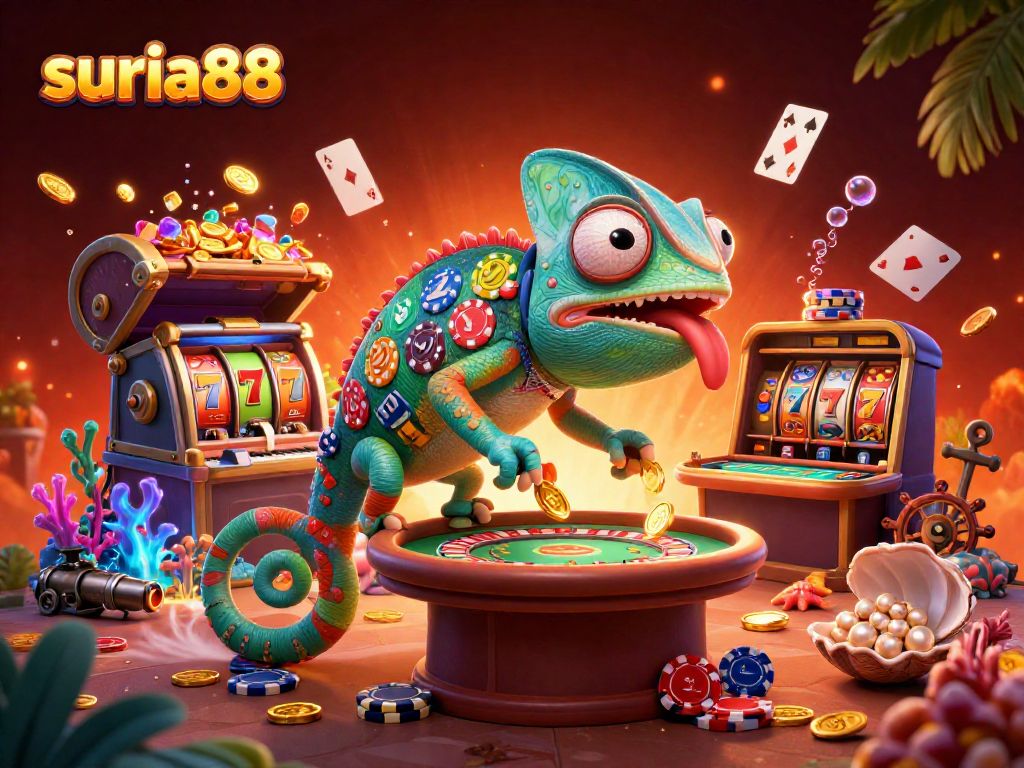 Experience the excitement at suria88, where a vibrant chameleon casino owner captures golden coins amidst lively slot games.