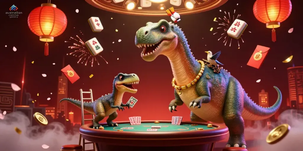 Experience australian casino games with a whimsical brontosaurus and clever raptor in a vibrant casino scene, filled with colorful game elements.