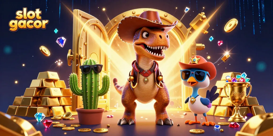 Menang besar di slot gacor dengan dinasaurus cowboy dan komedi karakter berwarna-warni.