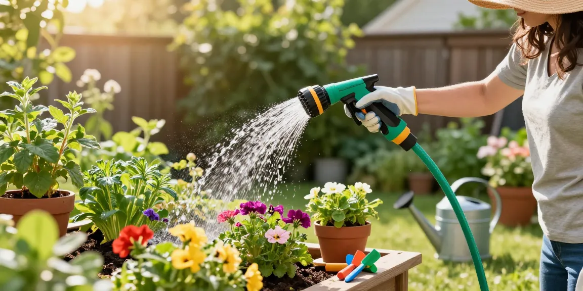Gardener using Filterlogic Garden Hose Water Filter for watering vibrant plants in a sunny backyard garden.