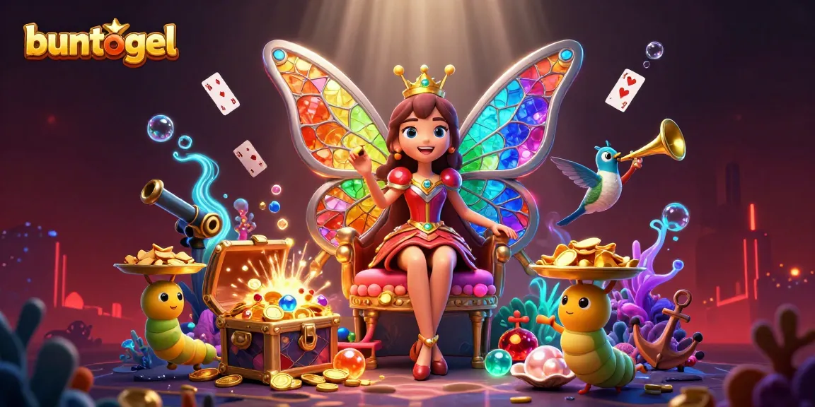 Experience the excitement of BUNTOGEL's casino atmosphere with a vibrant butterfly queen and dynamic gambling elements.