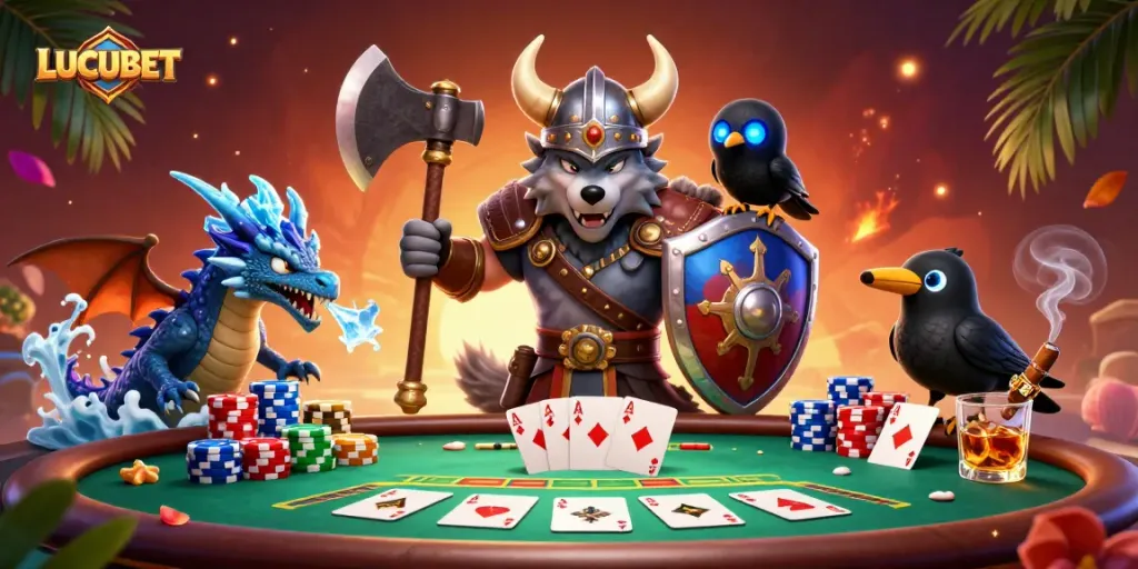 Engage in thrilling LUCUBET gameplay with a Viking wolf warrior, dragon, and poker scene.