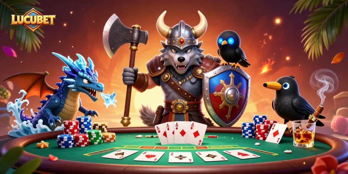 Engage in thrilling LUCUBET gameplay with a Viking wolf warrior, dragon, and poker scene.