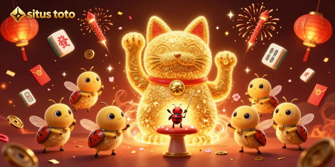 Gambarkan situs toto dengan kucing keberuntungan berkilau dan elemen kasino yang menawan.