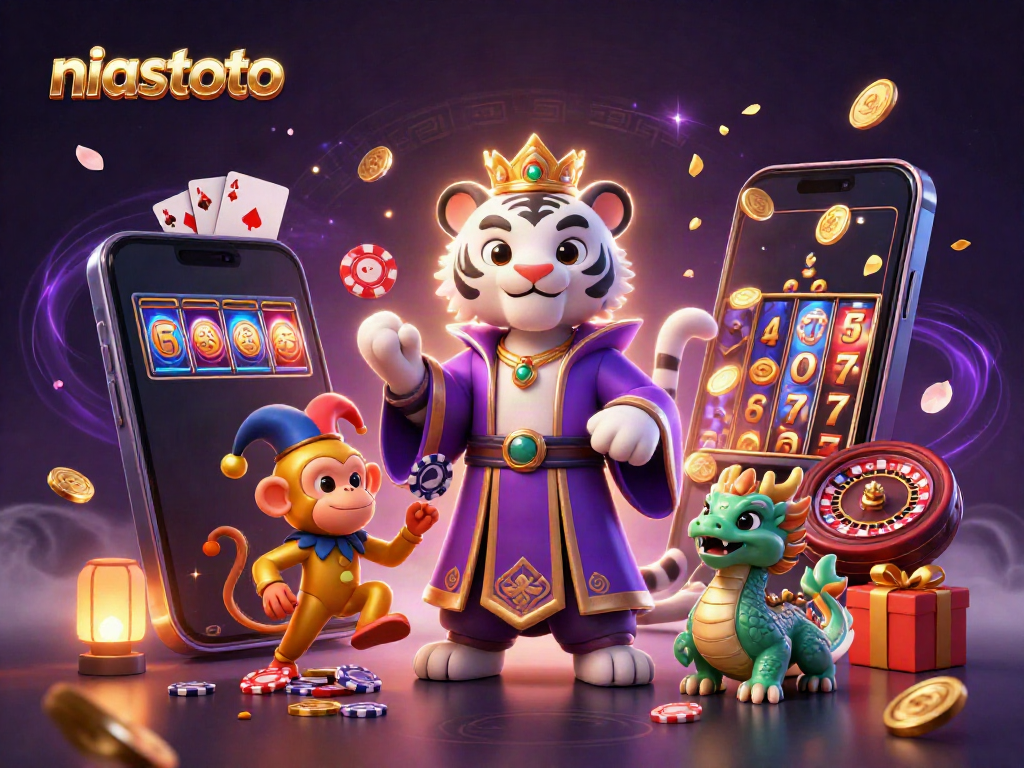 Niastoto membawa pengalaman permainan slot yang mengasyikkan dengan simbol beruntung dan poker chip bertebaran.
