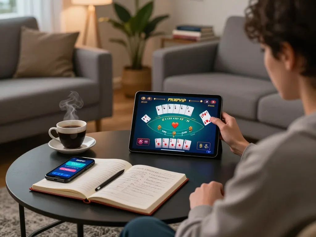 Engaged player enjoying PHPVIP poker game on tablet, cozy home scene with strategy notes and comfortable ambiance.