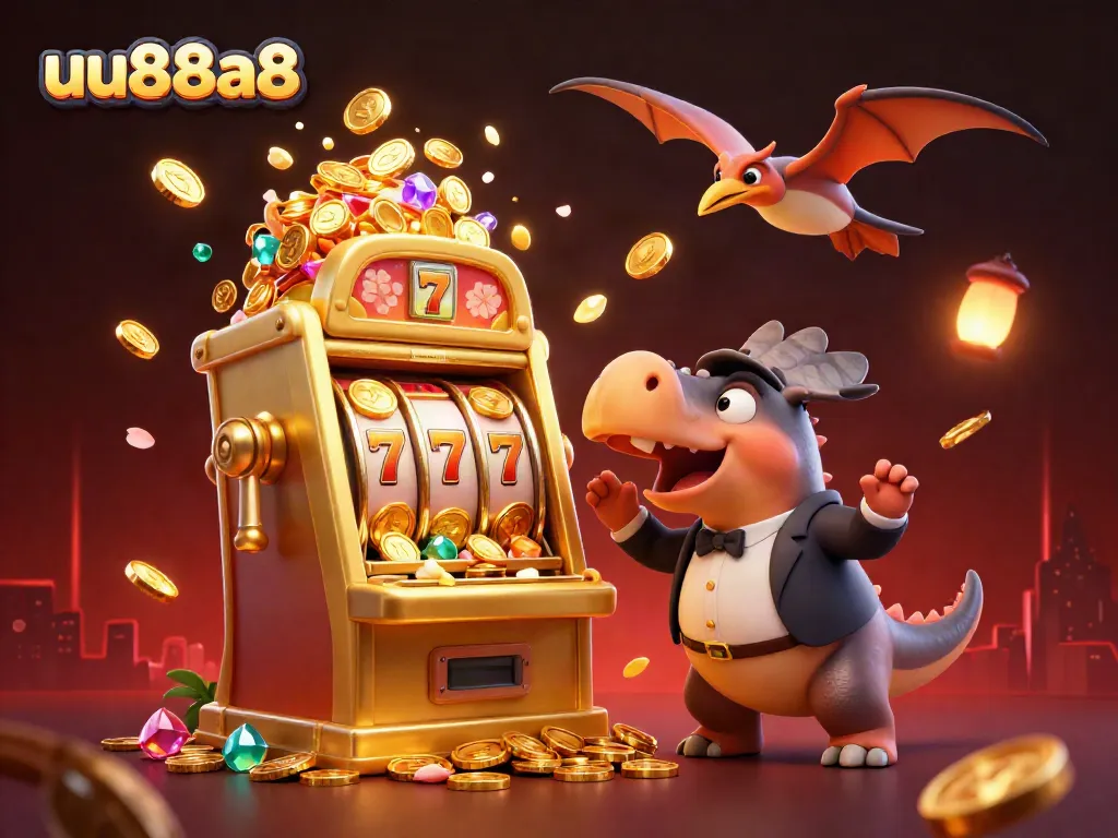 Experience the excitement of uu88a8 with a dinosaur-themed jackpot scene, showcasing dynamic casino elements.