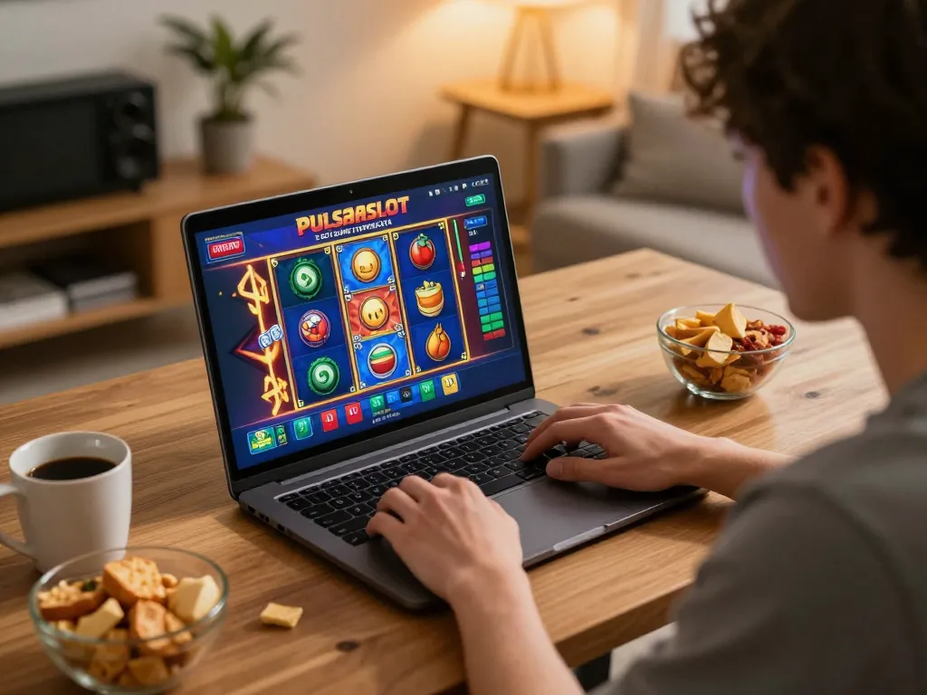 PULSASLOT SLOT ONLINE TERPERCAYA player engaged in thrilling online slot gaming from a cozy home office.