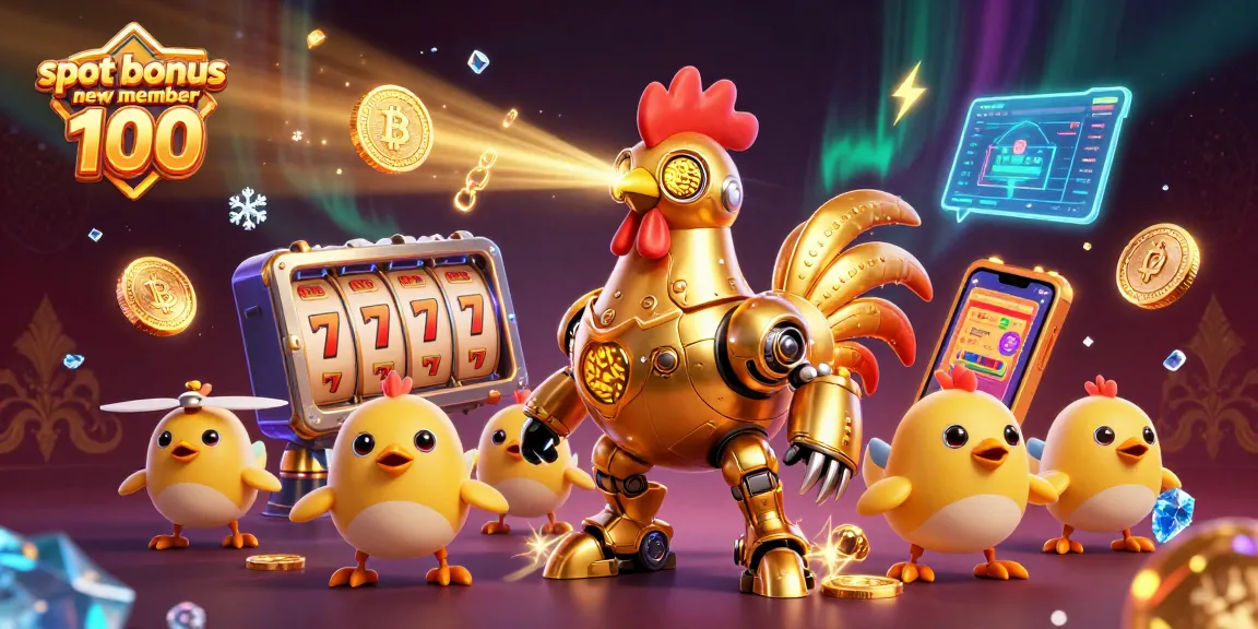 Claiming slot bonus new member 100 with the golden rooster robot and vibrant casino elements.