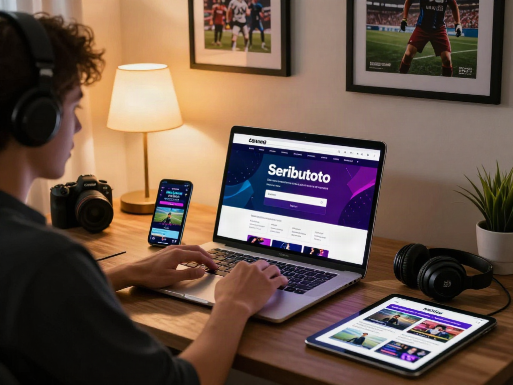 Engaging scene of a user logging into Seributoto for online gambling, showcasing a modern workspace with vibrant gaming graphics.