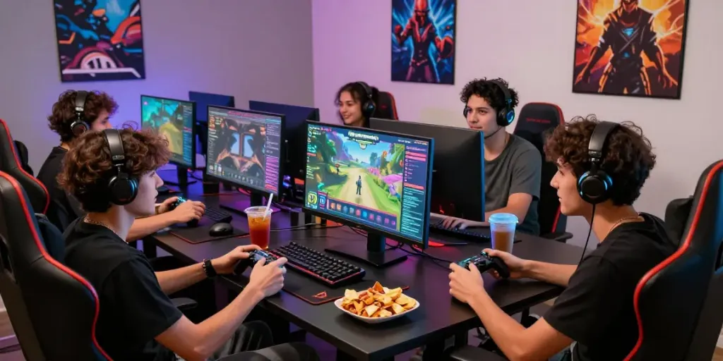 Grp teman bermain Natunatoto dengan semangat di ruang gaming yang cerah.