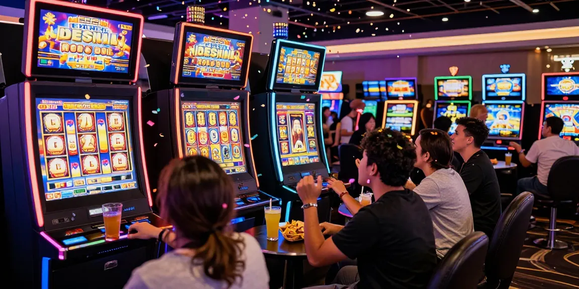 Slot Gacor dalam suasana kasino yang ramai, para pemain merayakan kemenangan besar.