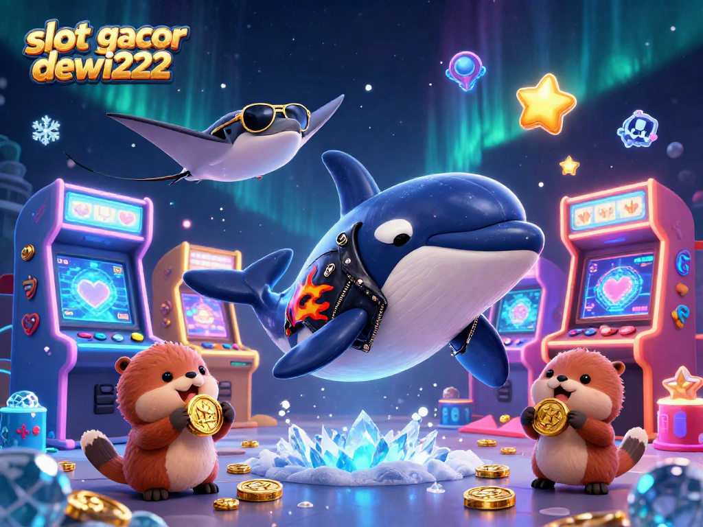 Slot gacor dewi222 menampilkan karakter lucu dan elemen permainan kasino yang penuh warna.