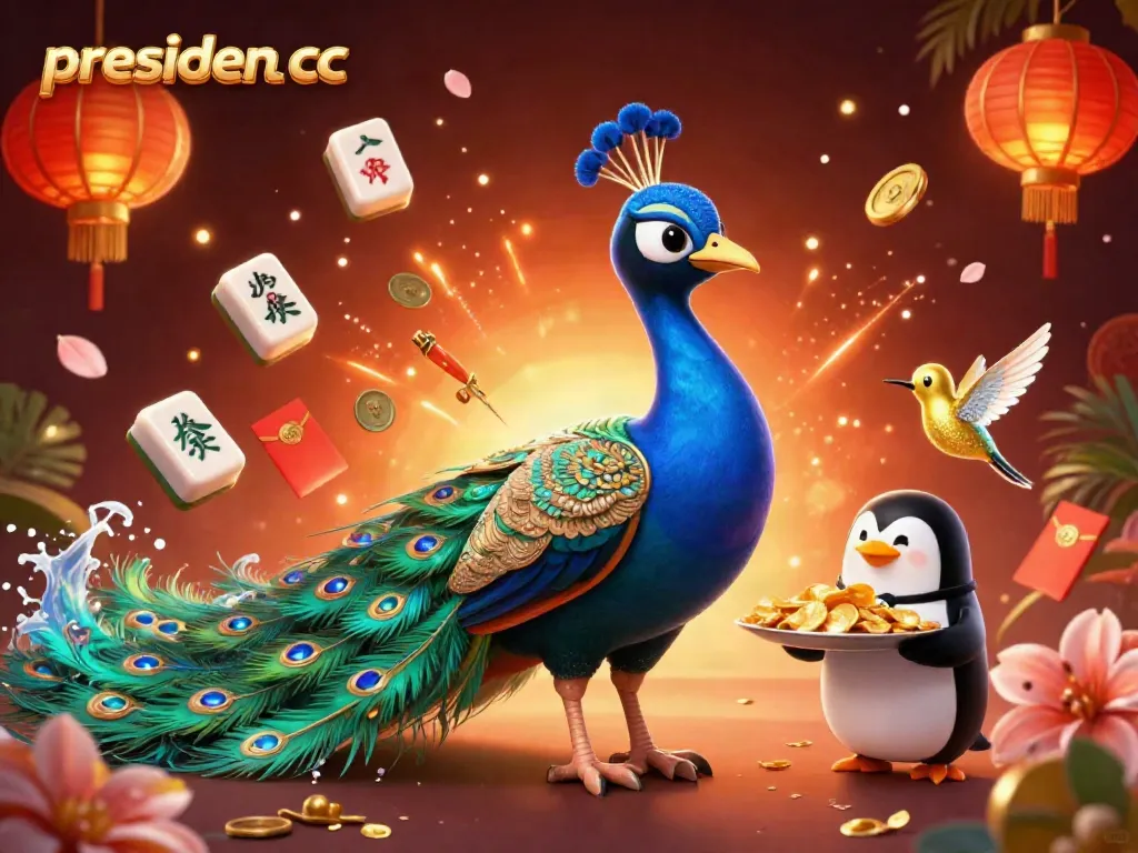 Experience vibrant gaming with presiden cc in a lively 3D illustration featuring a peacock, penguin, and hummingbird.