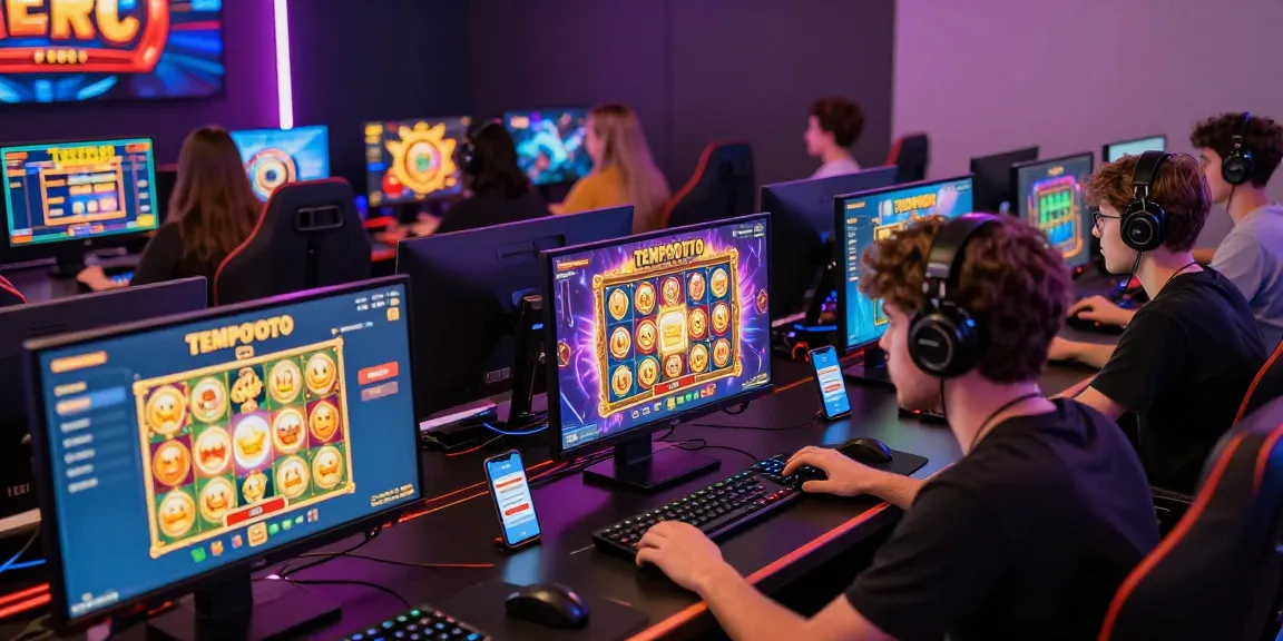 Engaged players on TEMPOTOTO login screen enjoying vibrant online slot games, showcasing excitement.
