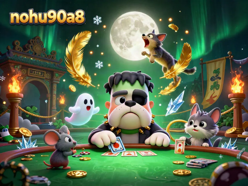 Join the excitement at nohu90a8 with a 3D cartoon bulldog dealing cards at an online casino table.