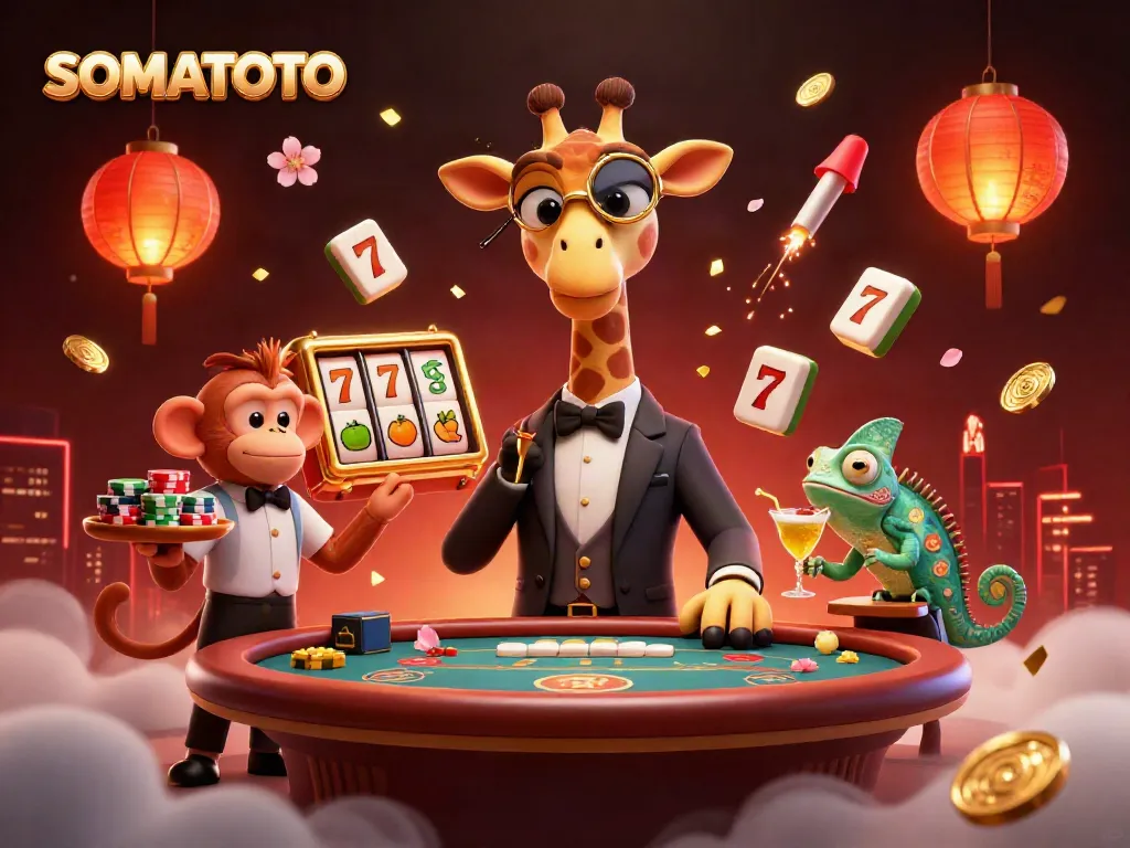 Experience SOMATOTO's vibrant casino scene with a high-roller giraffe and dynamic slot elements.