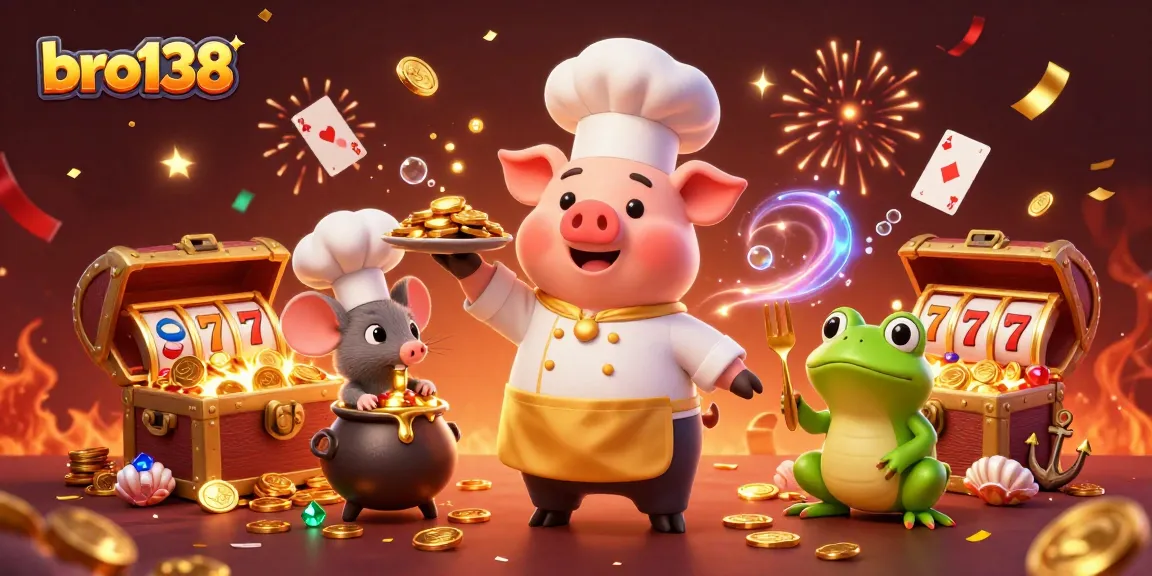 Experience the vibrant energy of bro138 with a magical casino scene featuring characters interacting with gold coins and slot symbols.
