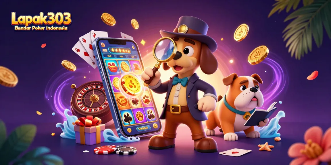 Permainan poker menarik di Lapak303 Bandar Poker Indonesia dengan detektif dan anjing meneliti chip emas.