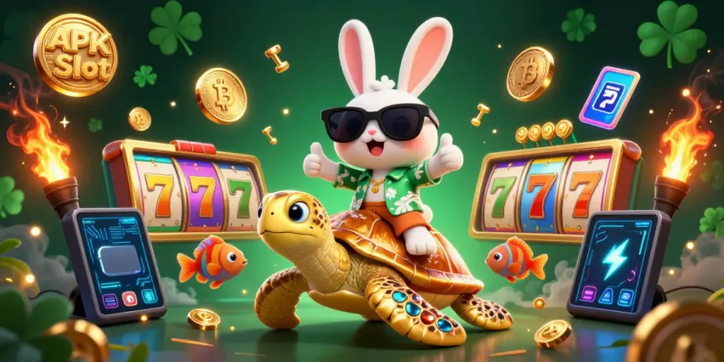 Spin and win with APK Slot in this vibrant 3D digital illustration showcasing a lucky rabbit and golden turtle.