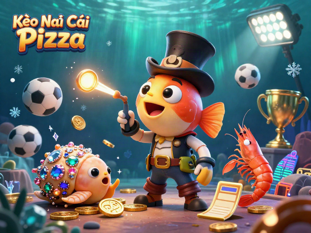 Kèo Nhà Cái Pizza showcases an anglerfish, shrimp, and sea snail amidst gold coins and sports elements.
