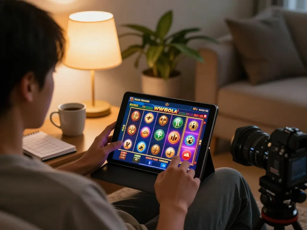 Main WWBola Deposit Qris Tanpa Potongan illustrated by a person enjoying online casino gaming, showcasing a tablet with vibrant slot game visuals in comfortable home setting