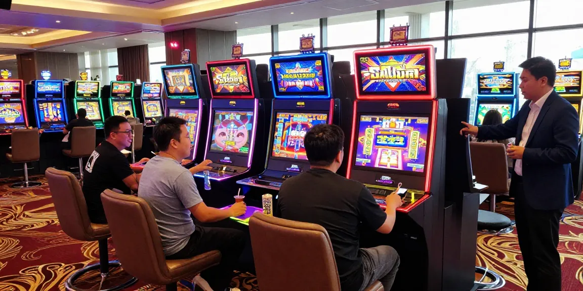 Pengunjung sedang menikmati mesin slot gacor di kasino dengan suasana meriah.