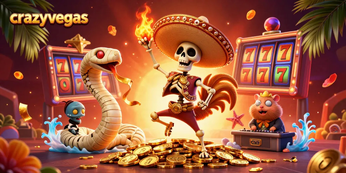 Spin to win with crazyvegas as the skeleton rooster dances on golden coins amidst vibrant slot game elements.