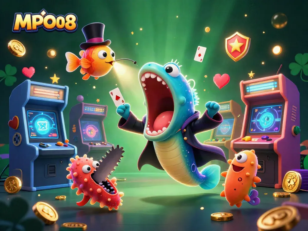 MPO08 showcases a vibrant scene of magical gambling antics featuring a bioluminescent gulper eel performing card tricks, enticing players.