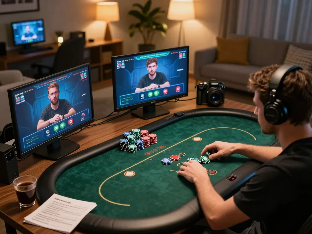 Engage in online gaming at GAWANG69 daftar with a vibrant poker setup, showcasing players in action.