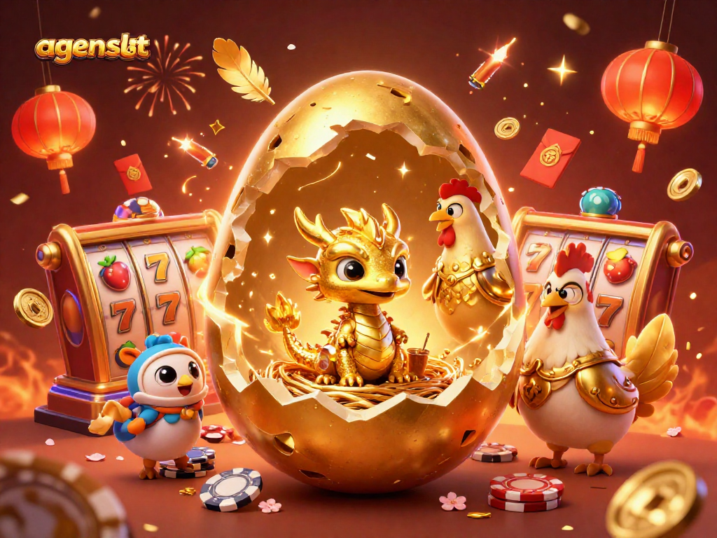 Menangkan agen slot dengan naga emas dan chip poker dalam suasana meriah.