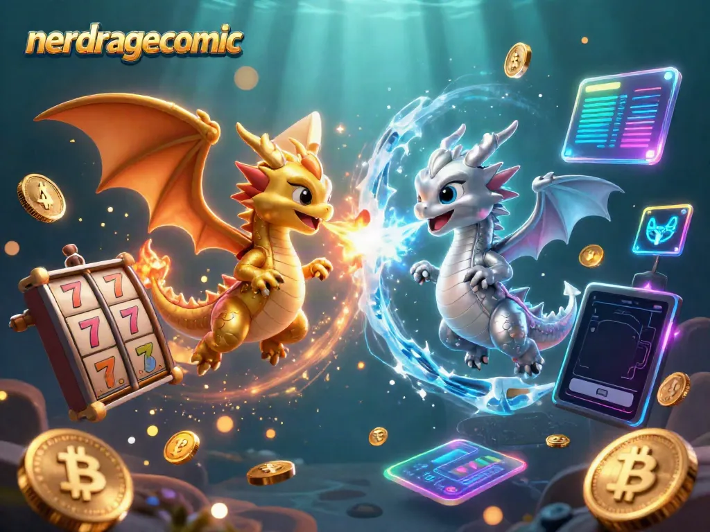 Menangkan jackpot dengan nerdragecomic dalam gambar kartun 3D duo naga yang berlawanan elemen.