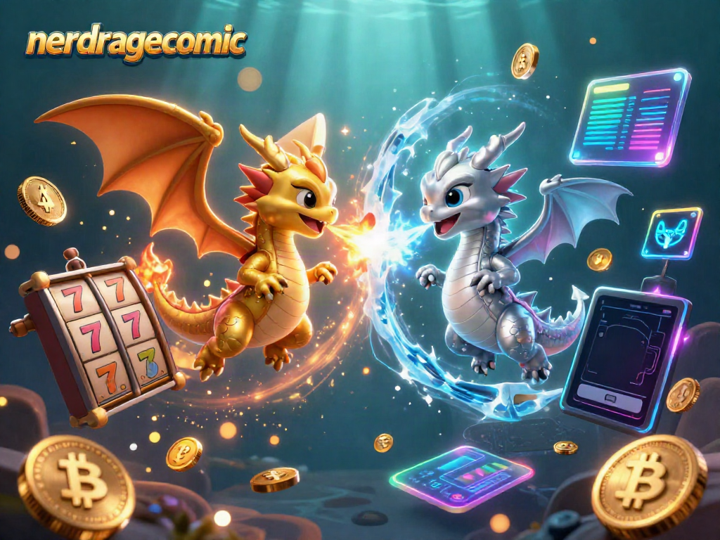 Menangkan jackpot dengan nerdragecomic dalam gambar kartun 3D duo naga yang berlawanan elemen.