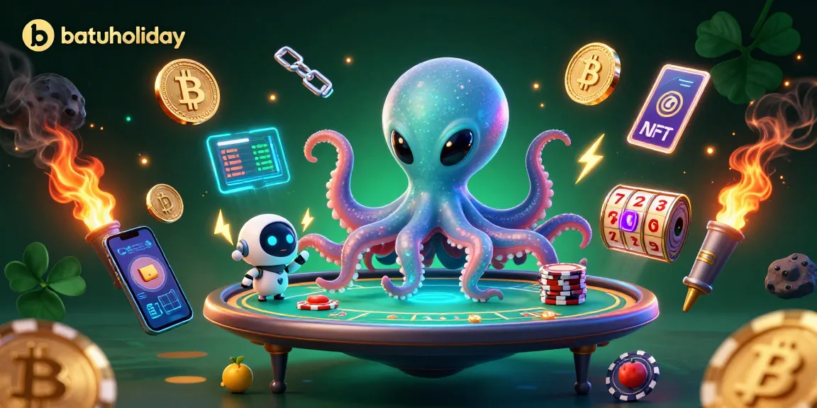 Engage with batuholiday's vibrant alien-themed poker scene, showcasing an octopus and robot in action.