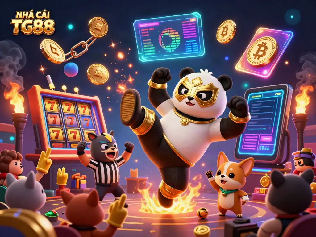 Experience thrilling action at NHÀ CÁI TG88 with animated characters and casino elements.