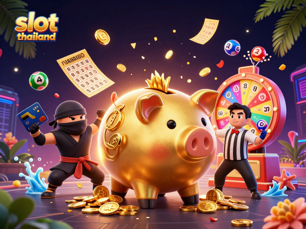Engage with slot thailand games in a vibrant 3D scene of a sumo wrestler and ninja characters.