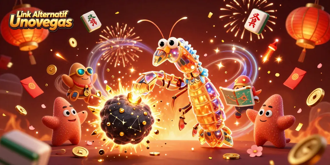 Engage with Link Alternatif Unovegas in a vibrant casino-themed 3D illustration showcasing festive elements.