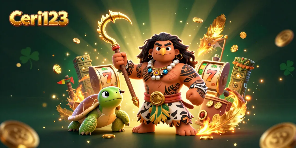 Ceri123 presents a vibrant slot game scene with a demigod hawk and joyful turtle, winning glittering prizes.